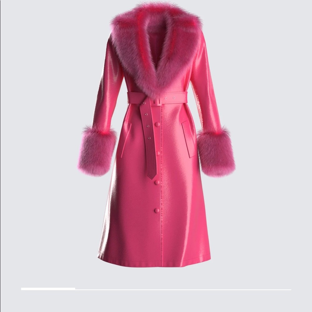 Hot Pink Fur Trim Leather Coat